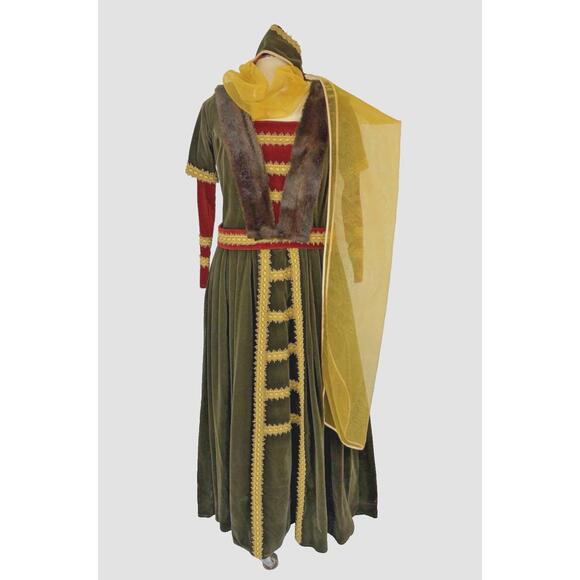 Dark Green/Red Velvet Gold & Fur Trim Belt Hat Medieval Renaissance Dress #23